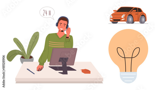 Customer service agent answering clients on headset with a desktop computer, desk items, light bulb icon, and car illustration. Ideal for customer support, communication, technology, business