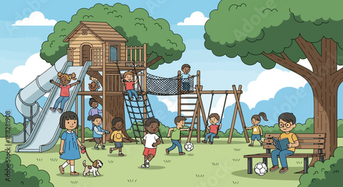 Children enjoying a fun day playing outdoors at a playground with various activities