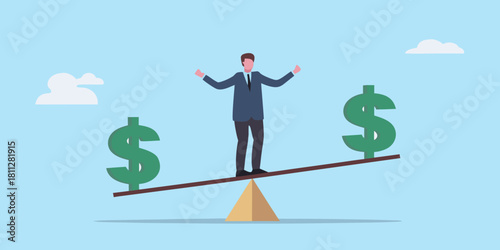 Businessman balancing on seesaw with dollar signs financial equilibrium concept