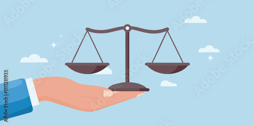 Hand holding scales of justice law and order concept illustration