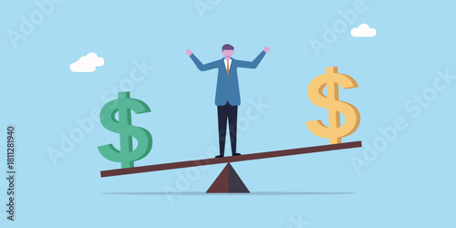 Balancing money businessman on seesaw with dollar signs financial equilibrium