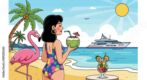 Young woman in a swimsuit enjoying a coconut drink on a tropical beach with a flamingo and a luxury yacht in the background
