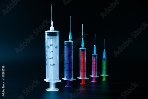 A vibrant lineup of various-sized syringes on a dark background, representing pharmaceutical research, vaccination, and therapy.