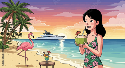 Tropical Escape Woman Enjoying a Coconut Drink on a Beach with a Yacht