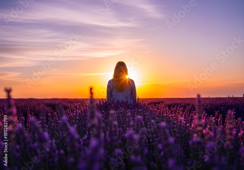 Woman in lavender field at sunset, bathed in golden light