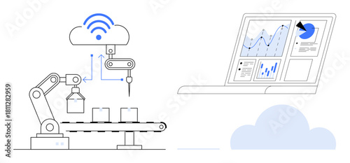 Robotic arm automating packaging on a conveyor, data synced to the cloud, visualized via analytics on a laptop. Ideal for automation, IoT, cloud computing, data analysis, industry 4.0 technology