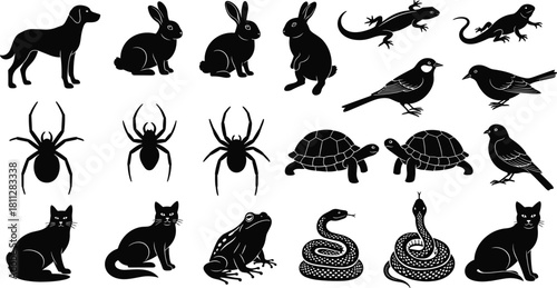Large collection of black vector animal silhouettes including pets, reptiles, and insects, isolated on white background for nature design projects.