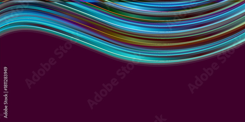 An abstract design featuring dynamic blue-green light waves over a purple background. Layered luminous lines create a modern, elegant, and futuristic look, perfect for digital visuals, posters, 