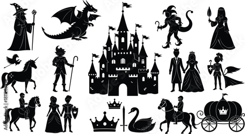 Large collection of fairytale silhouettes, medieval castle, dragon, wizard, princess and knight, vector fantasy storybook icons.