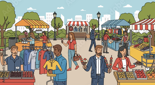 Bustling outdoor market scene with diverse people enjoying shopping for fresh produce, artisan crafts, and delicious food in a vibrant urban park setting