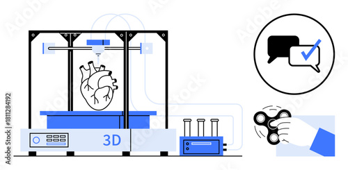 3D printer producing artificial heart, circled communication validation icon, and hand with spinner. Ideal for technology, healthcare, innovation, progress, creativity, engineering futuristic