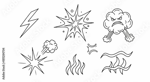 Vector illustration of various hand-drawn comic book effects including angry cloud, lightning, fire, and explosion doodles