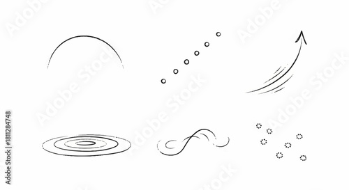 Set of simple, hand-drawn graphical elements including arcs, dotted lines, arrows, and abstract wavy shapes for creative design projects