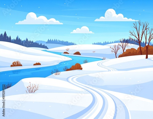 Winter countryside scene with white snow on fields and hills, frozen river, road and 