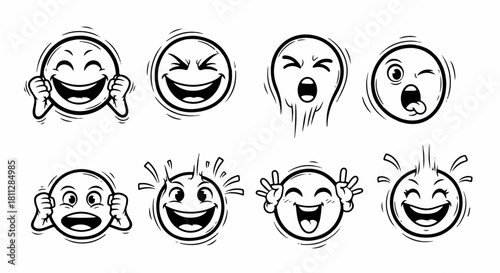 Collection of cartoon smiley faces expressing various emotions like joy, surprise, and laughter, presented in a simple black and white line art style
