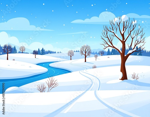 Winter countryside scene with white snow on fields and hills, frozen river, road and 