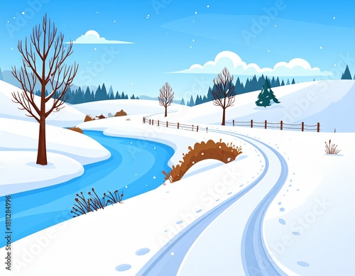Winter countryside scene with white snow on fields and hills, frozen river, road and 