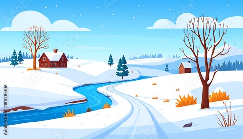 Winter countryside scene with white snow on fields and hills, frozen river, road and 