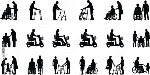 Mobility aid silhouettes, wheelchair users, caregivers helping disabled people, walker support, scooter assistance, inclusive care, rehabilitation, disability awareness, healthcare