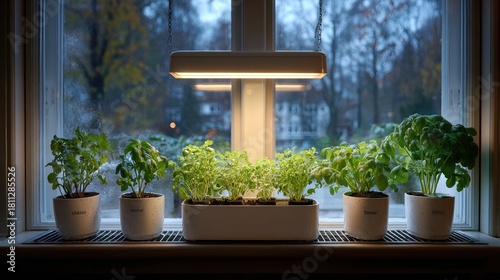 Fototapeta Naklejka Na Ścianę i Meble -  A phytolamp above plant boxes on a windowsill at home, a home gardening concept