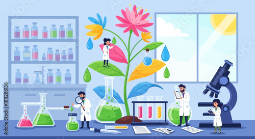 Dynamic scientific research team in a modern laboratory, nurturing plant life and exploring botanical breakthroughs through innovative experiments
