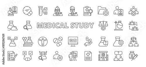 Medical study icons in line design. medical study, research, clinical, analysis, data, experiment, laboratory on white background vector. Medical study editable stroke icons
