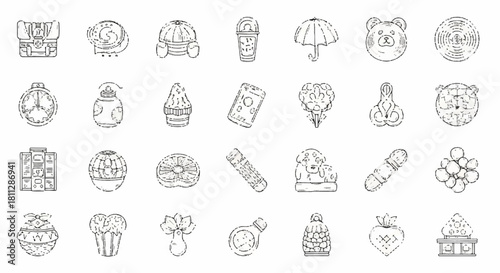 A diverse collection of hand drawn icons featuring animals, food, and everyday objects in a simple line art style