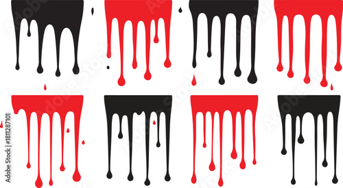 Set of Black and Red Dripping Paint or Liquid Stains - Vector Abstract Ink or Blood Splatter Graphic Elements, Grunge Border, Halloween Decoration