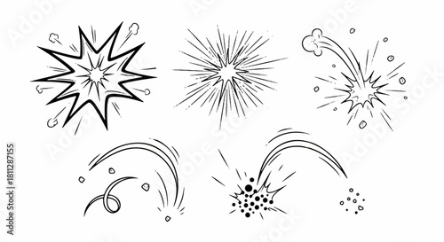 Hand-drawn comic explosion and impact effects vector set. Dynamic graphic elements featuring starbursts, sudden bursts, and energetic pop art accents for design
