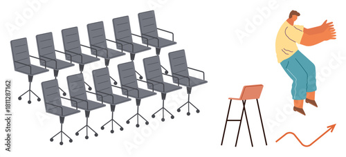 Rows of vacant office chairs and a person jumping near a stool and upward graph. Ideal for themes thumbs up recruitment, change, growth, innovation, leadership, transition, career progress. Simple