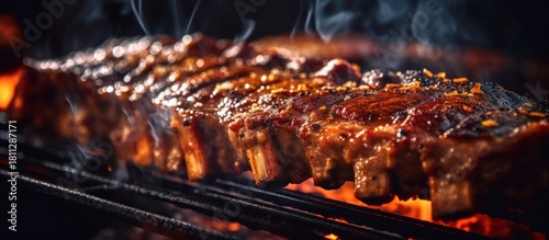 Delicious Grilled Ribs on a Barbecue with Smoke and Flames, Close-up Shot.