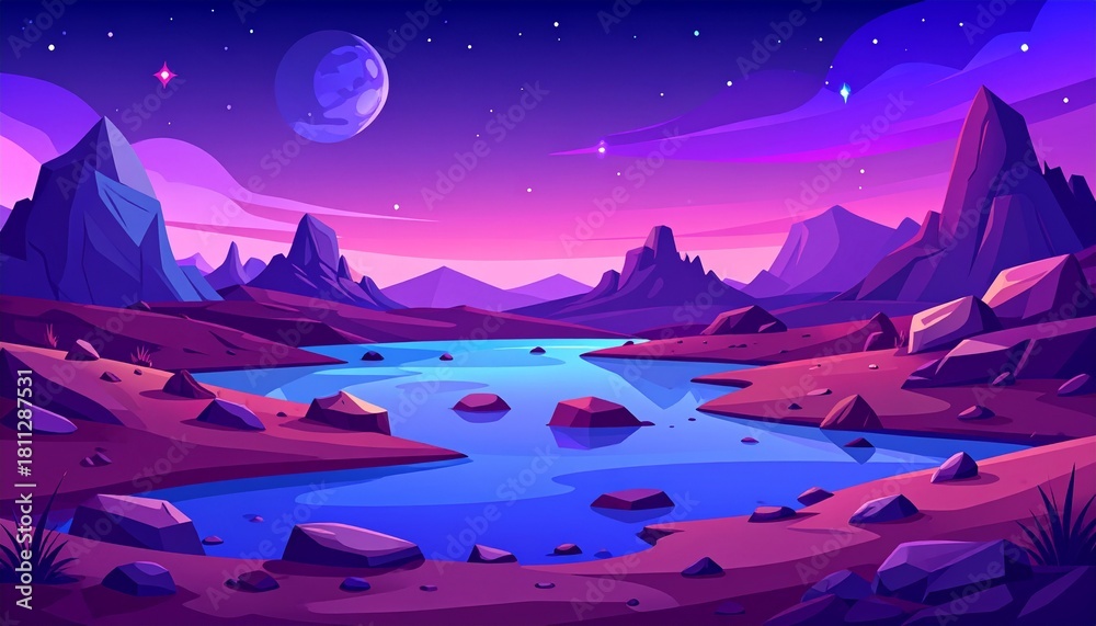 Obraz premium Alien planet landscape with rocky surface and lake. Vector cartoon illustration 