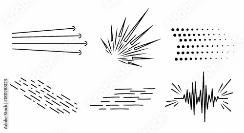 Comic book effect elements speed lines, explosions, halftone dots, and sound wave design