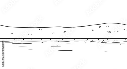 Grassy lawn and road, seamless pattern, sketch. Stone curb and pavement, isolated in a simple style on a white background. For postcards, invitations, for printing on textiles. Vector illustration.