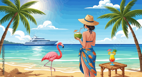 Tropical Beach Vacation with Woman, Flamingo, and Yacht Relaxation