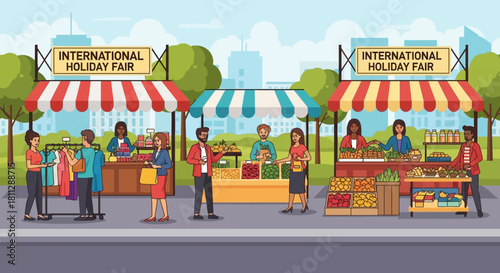 International Holiday Fair A Festive Marketplace with Stalls, People, and a Cityscape Backdrop