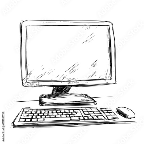 Linear sketch of a computer monitor with keyboard and mouse