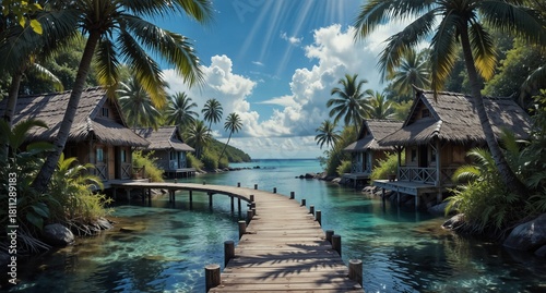 Fototapeta Naklejka Na Ścianę i Meble -  tropical bungalows over turquoise water with a wooden walkway and lush palm trees under a bright sunny sky.