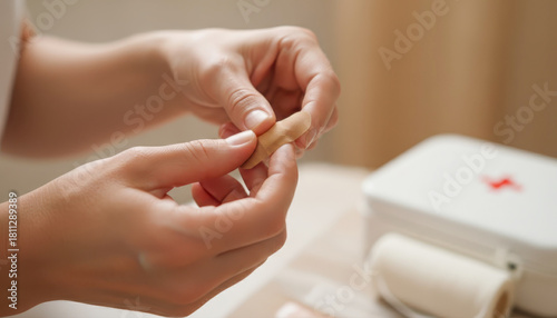 Closeup of hands opening a beige adhesive bandage to treat a minor cut or injury, with a first aid kit in the background