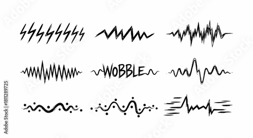 A collection of hand-drawn abstract doodle elements, featuring various zigzag, wave, and scribble line designs for graphic art