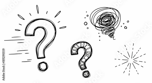 Hand-drawn doodle set of question marks and chaos symbols for brainstorming and problem-solving concepts