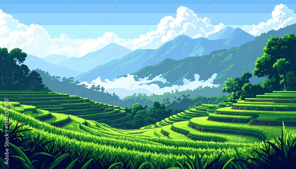 Fototapeta premium Pixel art depicting lush green terraced rice fields, with distant mountains veiled i