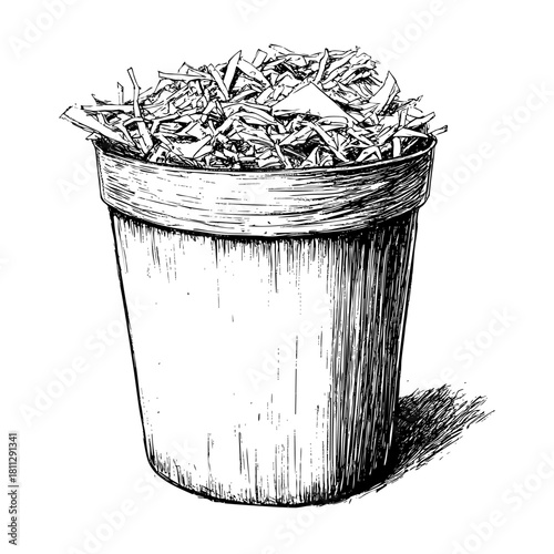 Detailed illustration of a filled trash bin with shredded paper