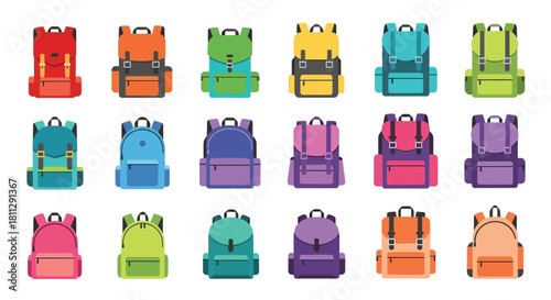 Colorful collection of school backpacks in various styles and shades displayed neatly