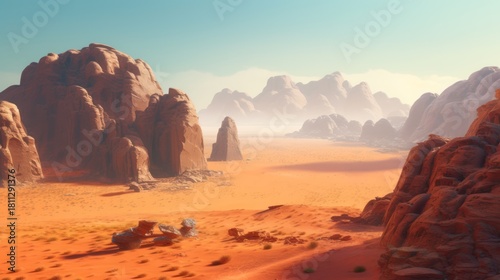 Vast desert landscape with towering rock formations and distant mountains under a clear sky.