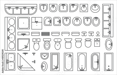 bathroom sanitary ware icons set 2, architectural elements of sanitary graphics of washbasins, sink, bathtub, hangers, urinals, toilets, taps top view 