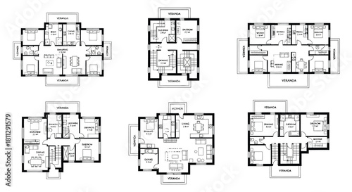 Architectural plans showcasing various townhouse layouts and interior floorplans