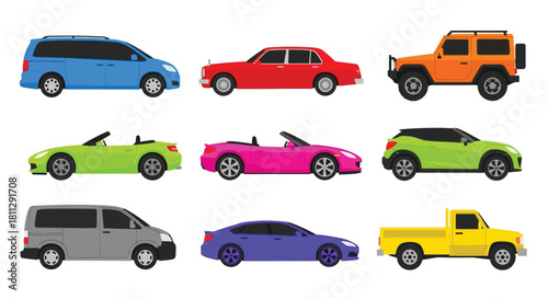 Colorful illustration featuring various vehicle types minivan sedan suv and truck