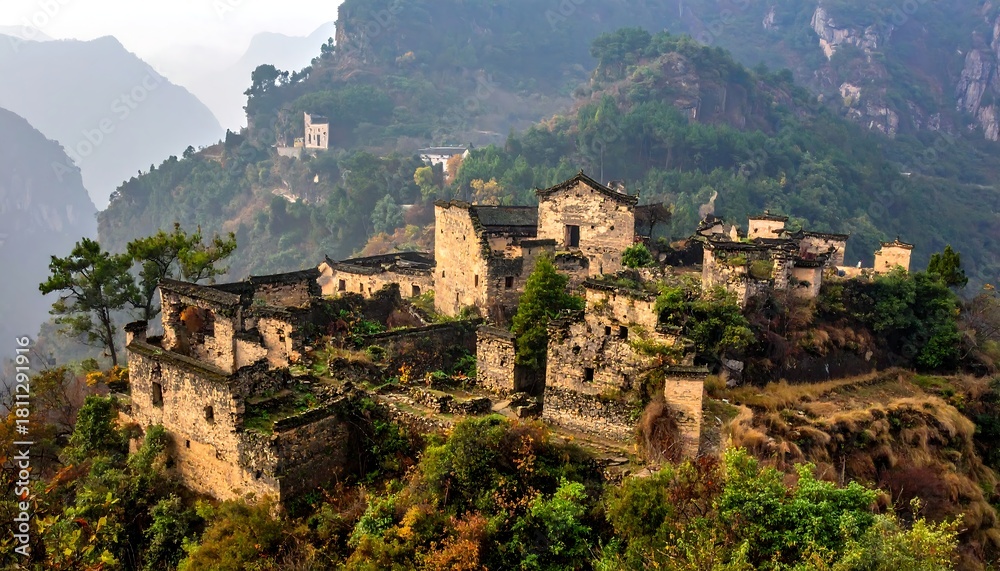 Obraz premium Ancient stone village nestled in mountainous terrain, surrounded by lush greenery