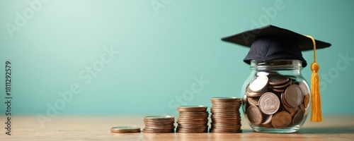Wallpaper Mural Stacks of coins grow in height next to a coin jar topped with a graduation cap. Saving money helps fund education goals and tuition costs for future success. Torontodigital.ca